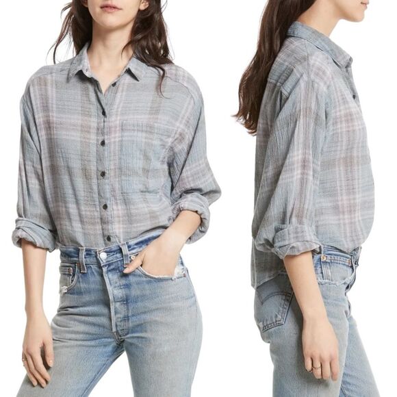 Free People Cropped Cutie Plaid Button Front Cotton Shirt Blue Gray Size Small - Picture 13 of 13